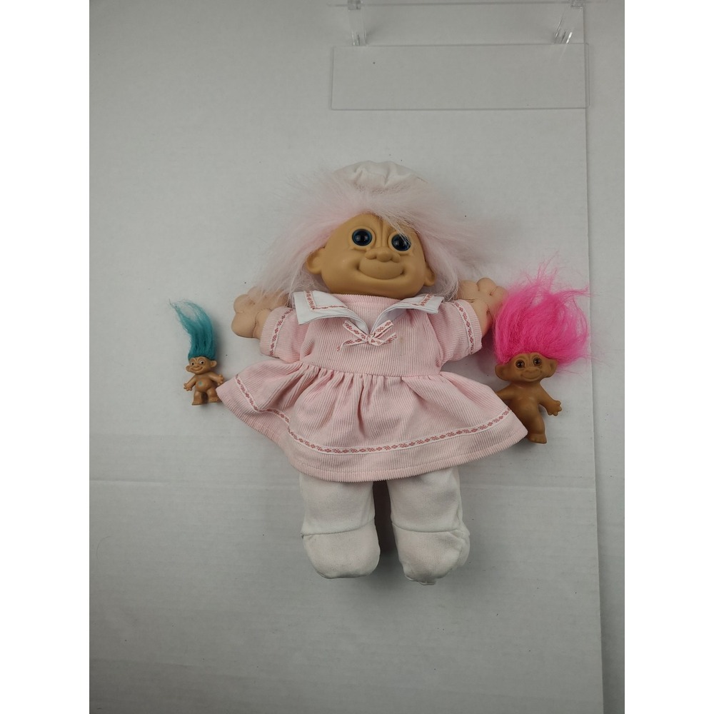 Vintage Troll Lot Russ 13" White Hair Troll Doll in Pink‎ Dress Hat Pink Blue